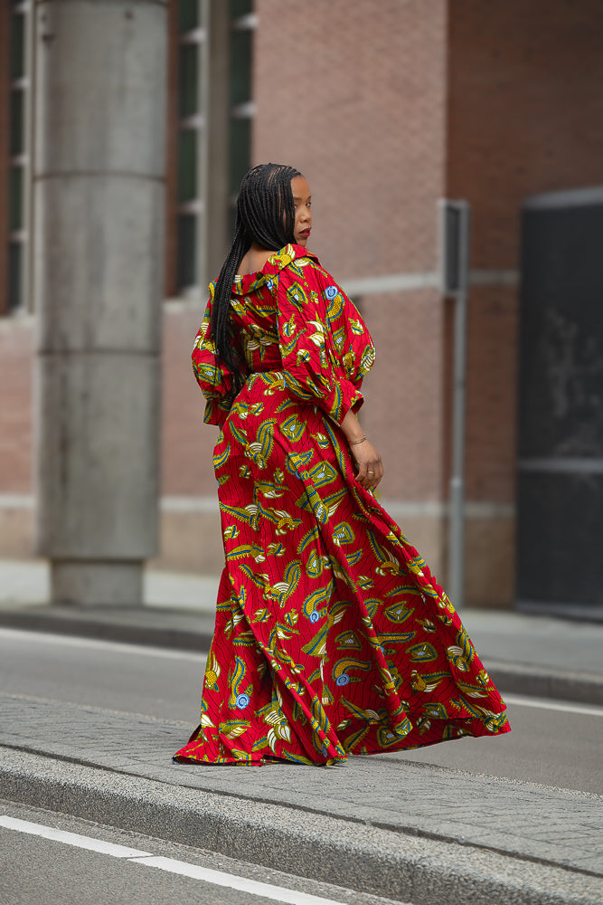 Side view of Off shoulder Maxi Dress in Red and Yellow Ankara African print