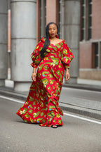 Model wearing a red and yellow Ankara Maxi Dress Women's Clothing