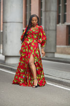 Model wearing a red and yellow Ankara Maxi Dress Women's Clothing