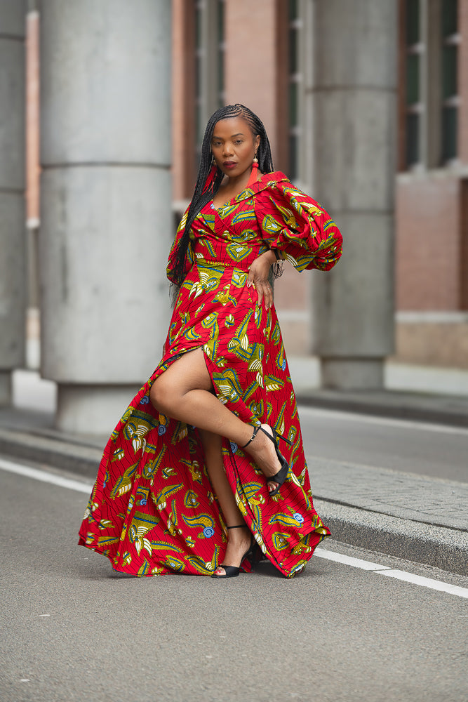 Model wearing a red and yellow Ankara Maxi Dress Women's Clothing