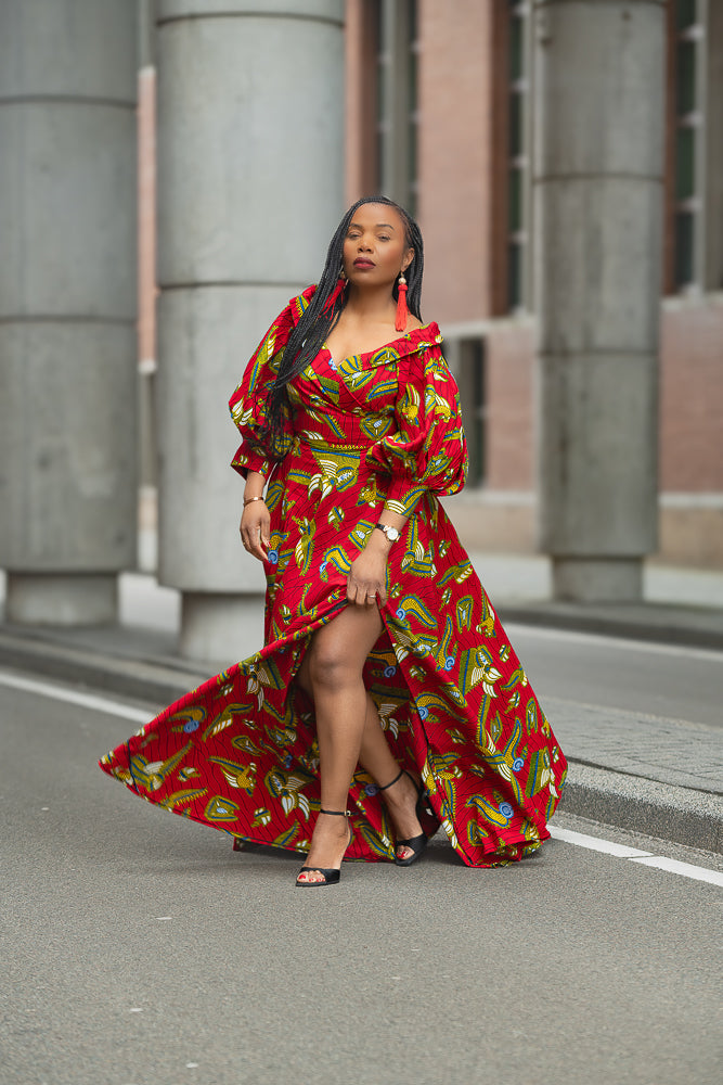 Model wearing a red and yellow Ankara Maxi Dress Women's Clothing
