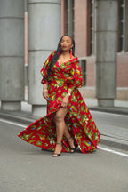 Model wearing a red and yellow Ankara Maxi Dress Women's Clothing