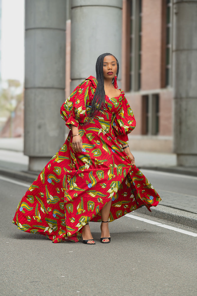Model wearing a red and yellow Ankara Maxi Dress Women's Clothing