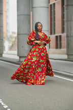Model wearing a red and yellow Ankara Maxi Dress Women's Clothing
