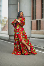 Model wearing a red and yellow Ankara Maxi Dress Women's Clothing