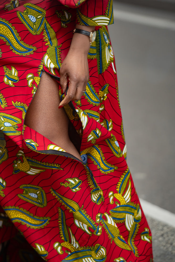 Closeup of Red and yellow African wax print