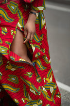 Closeup of Red and yellow African wax print