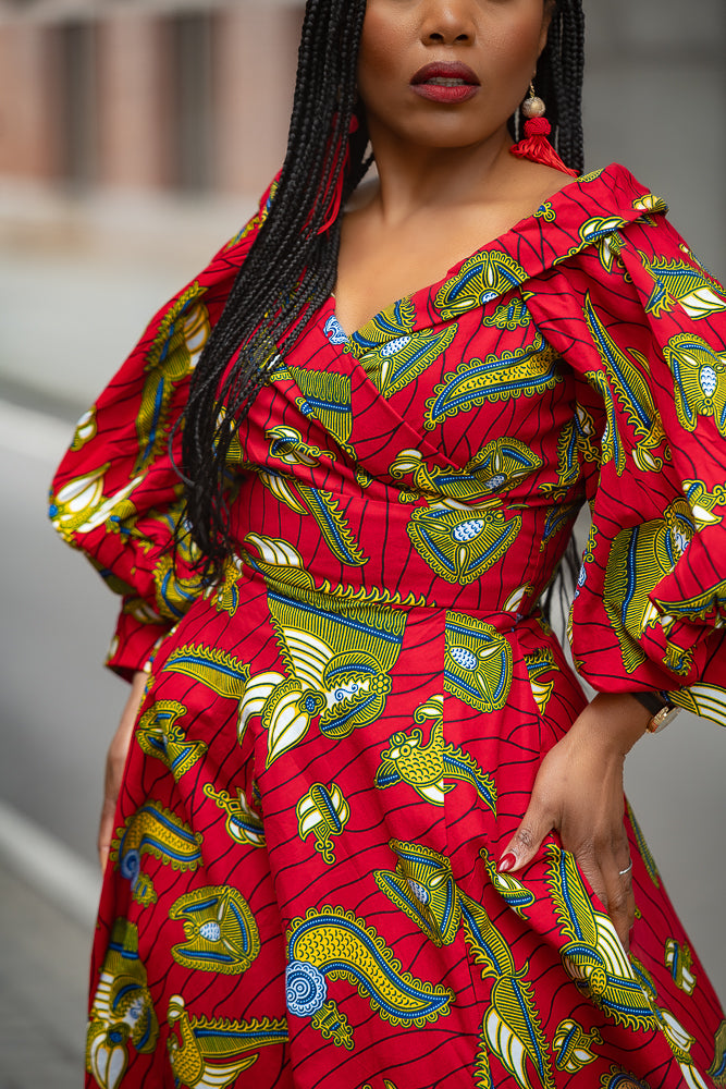 Model wearing a red and yellow Ankara Maxi Dress Women's Clothing