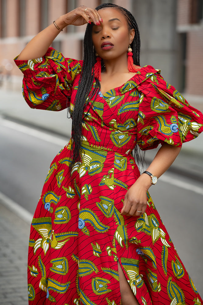 Model wearing a red and yellow Ankara Maxi Dress Women's Clothing