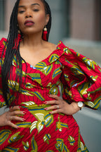 Close up view of African print Ankara Red and Yellow off shoulder Dress