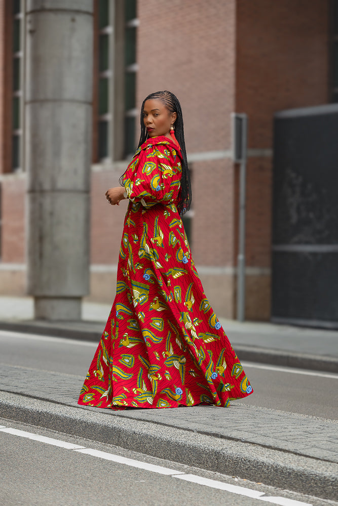 Side view of Off shoulder Maxi Dress in Red and Yellow Ankara African print