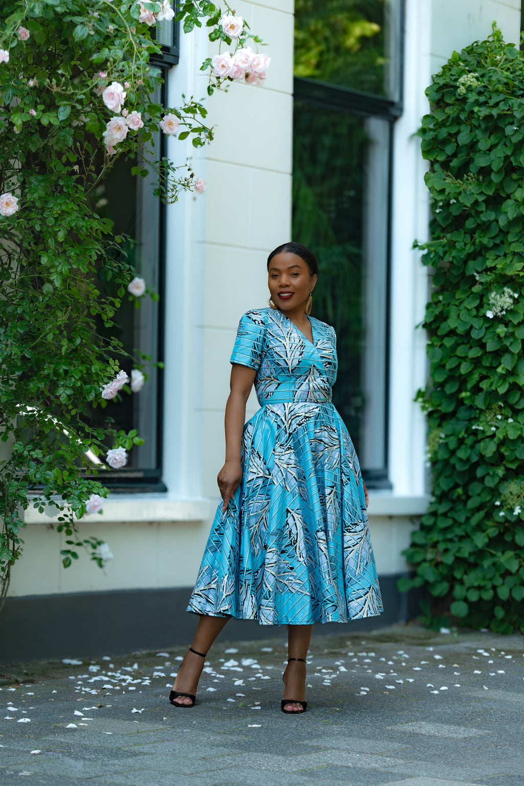 Aqua and Ivory Gold African print Midi Dress with V neckline & matching Belt