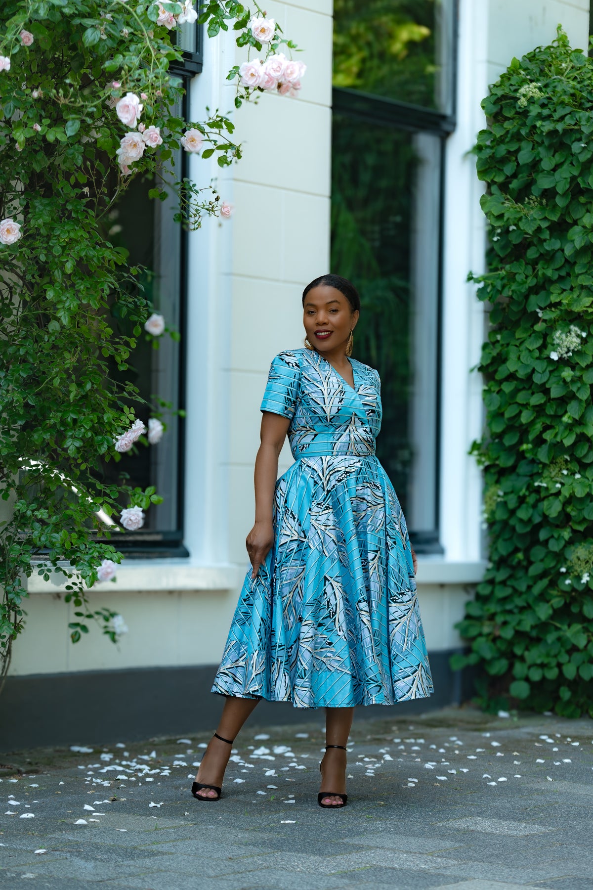 Aqua and Ivory Gold African print Midi Dress with V neckline & matching Belt
