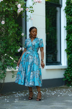 Aqua and Ivory Gold African print Midi Dress with V neckline & matching Belt.