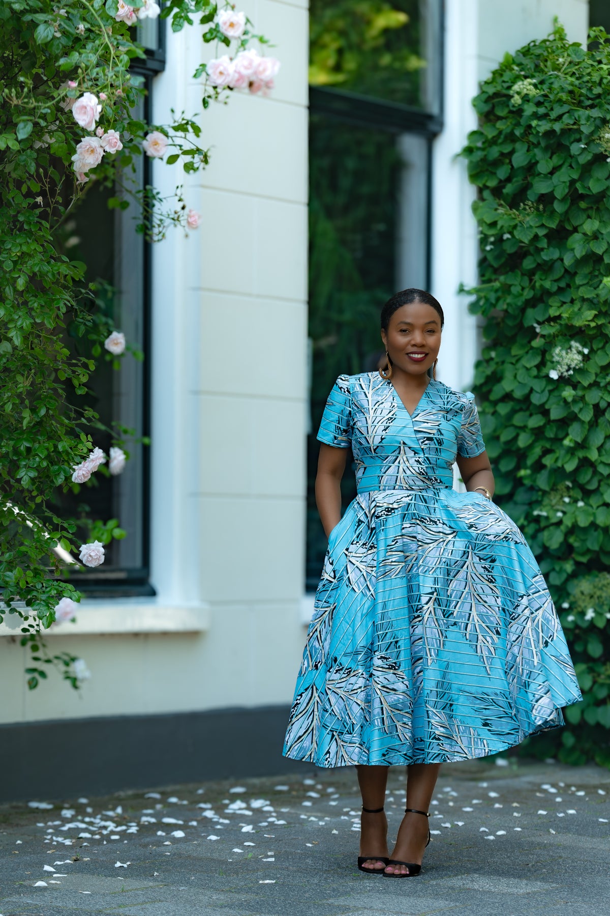 Aqua and Ivory Gold African print Midi Dress with V neckline & matching Belt