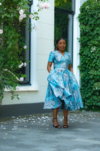 Aqua and Ivory Gold African print Midi Dress with V neckline & matching Belt