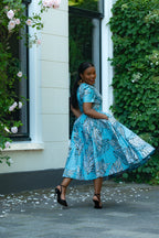 Aqua and Ivory Gold African print Midi Dress with V neckline & matching Belt