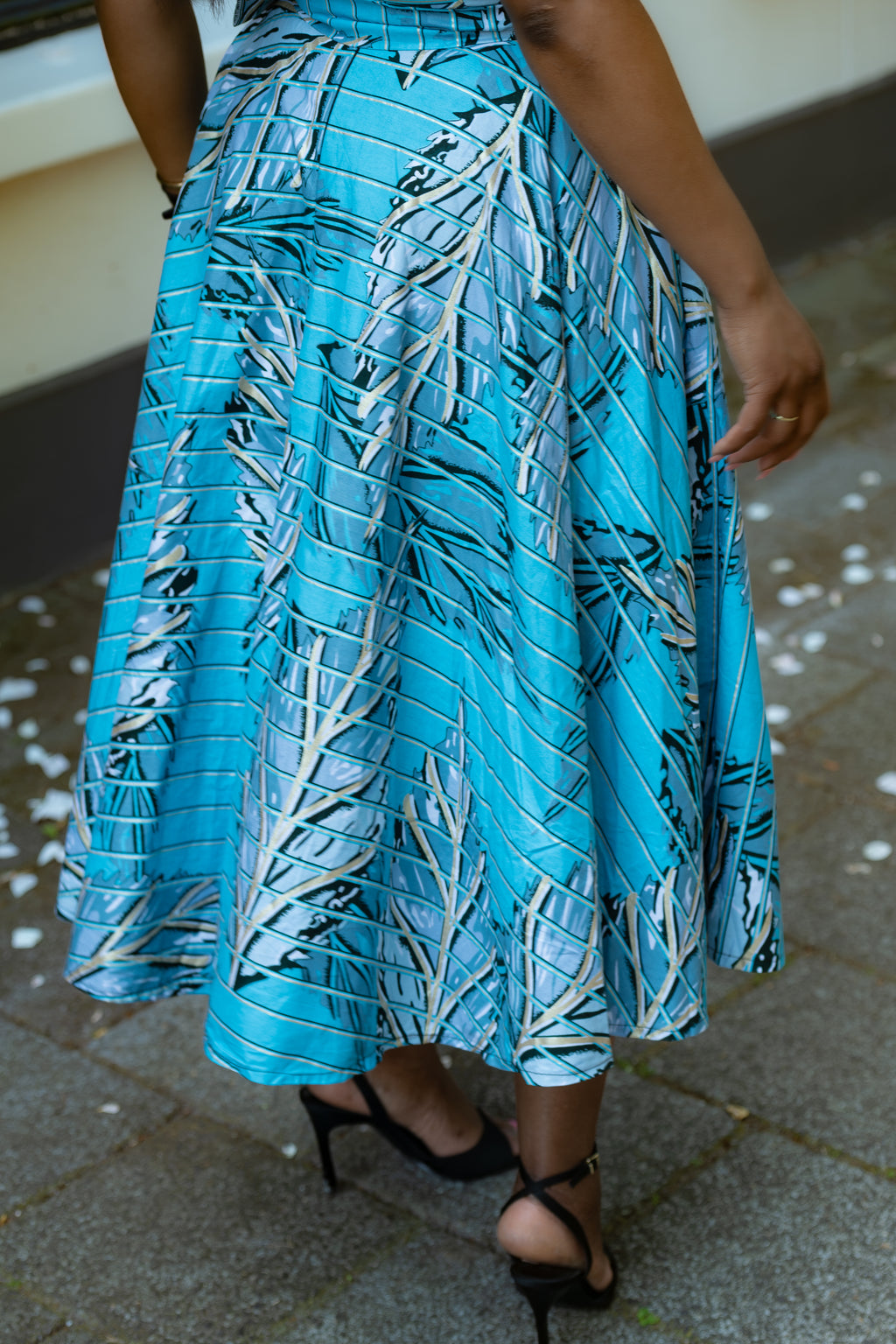 Back detail of Aqua and Ivory Gold African print Midi Dress with Flowing Silhouette & matching Belt