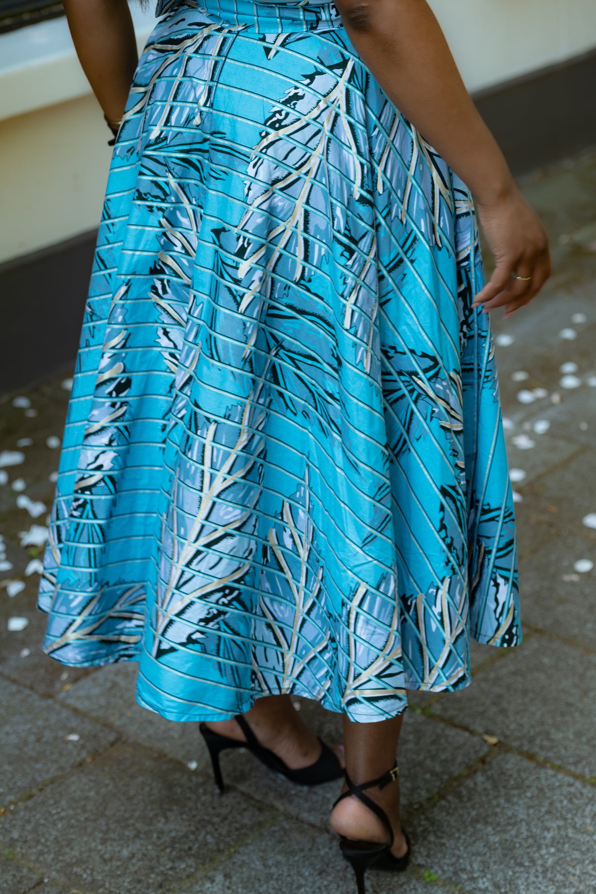 Back detail of Aqua and Ivory Gold African print Midi Dress with Flowing Silhouette & matching Belt