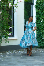 Aqua and Ivory Gold African print Midi Dress with V neckline & matching Belt