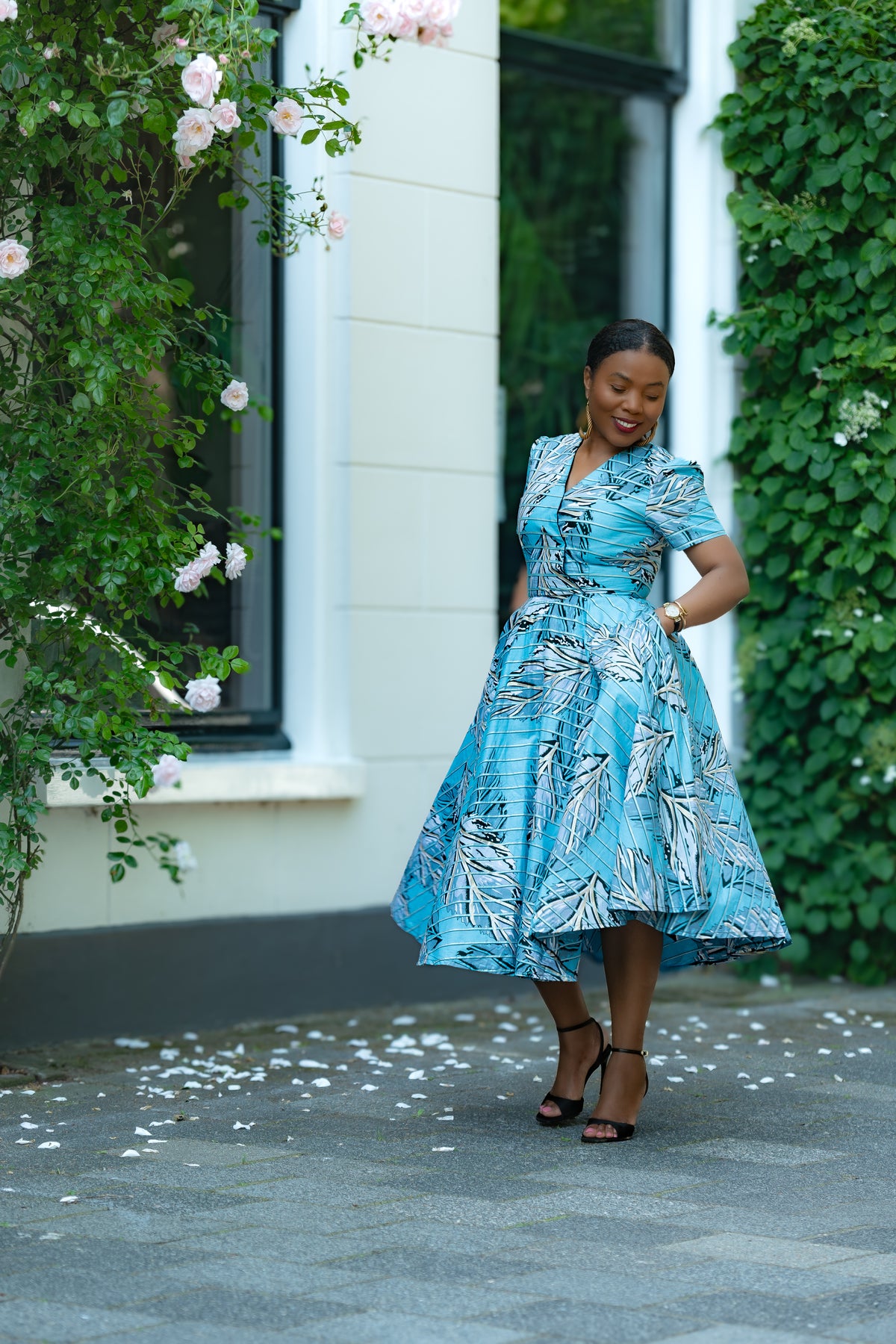 Aqua and Ivory Gold African print Midi Dress with V neckline & matching Belt