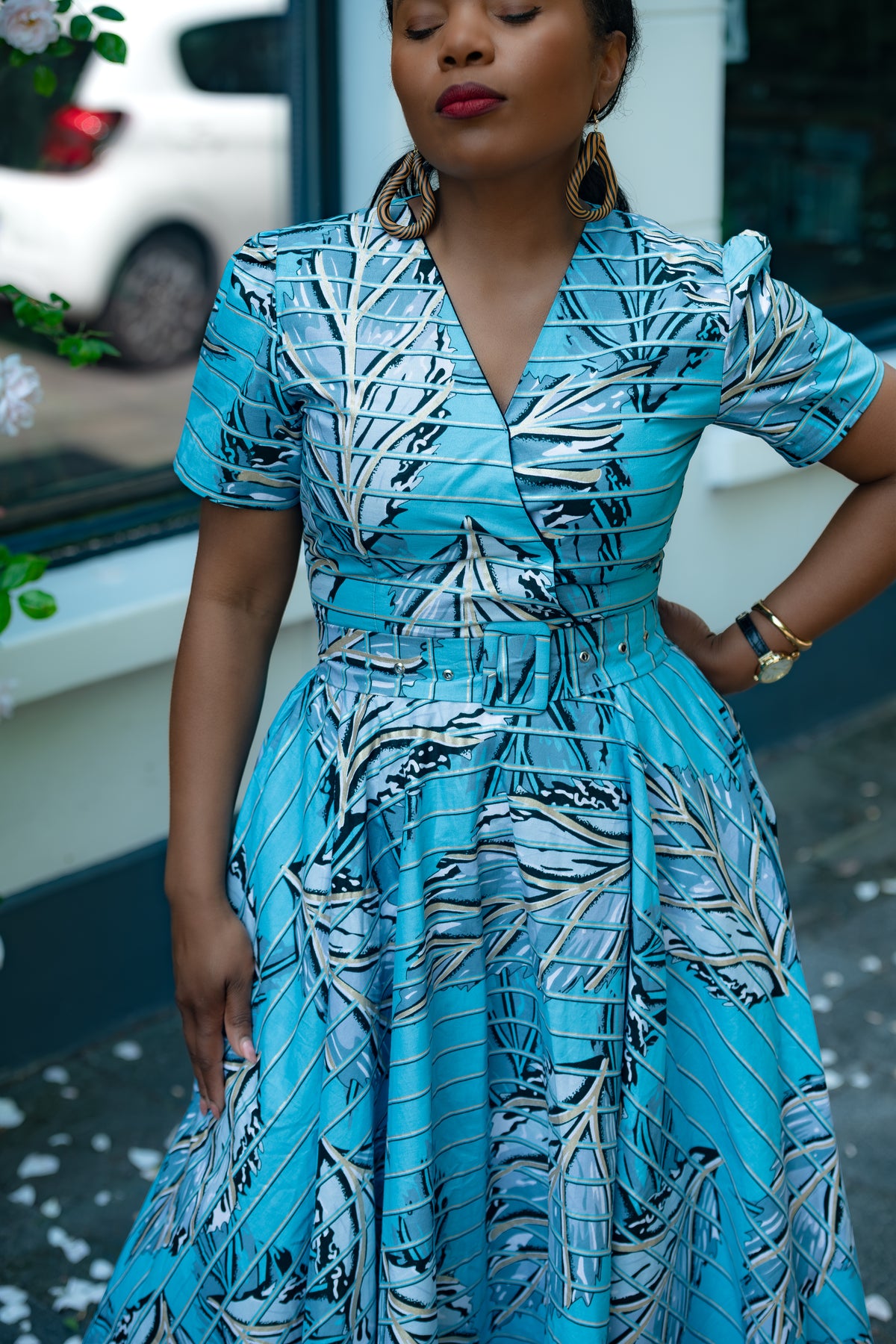 Aqua and Ivory Gold African print Midi Dress with V neckline & matching Belt