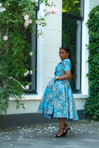 Side details of Aqua and Ivory Gold African print Midi Dress with V neckline & matching Belt