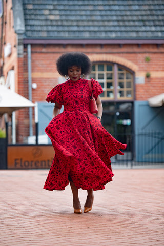 OLORI RED AFRICAN PRINT MIDI DRESS