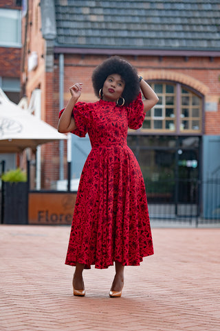 OLORI RED AFRICAN PRINT MIDI DRESS