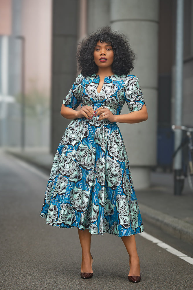 Beverly blue and silver Ankara Midi dress African print
