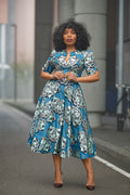 Beverly blue and silver Ankara Midi dress African print
