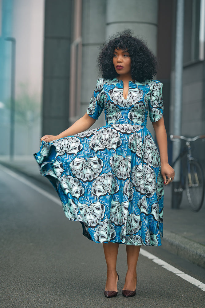 Beverly Blue and Silver Ankara Midi Dress