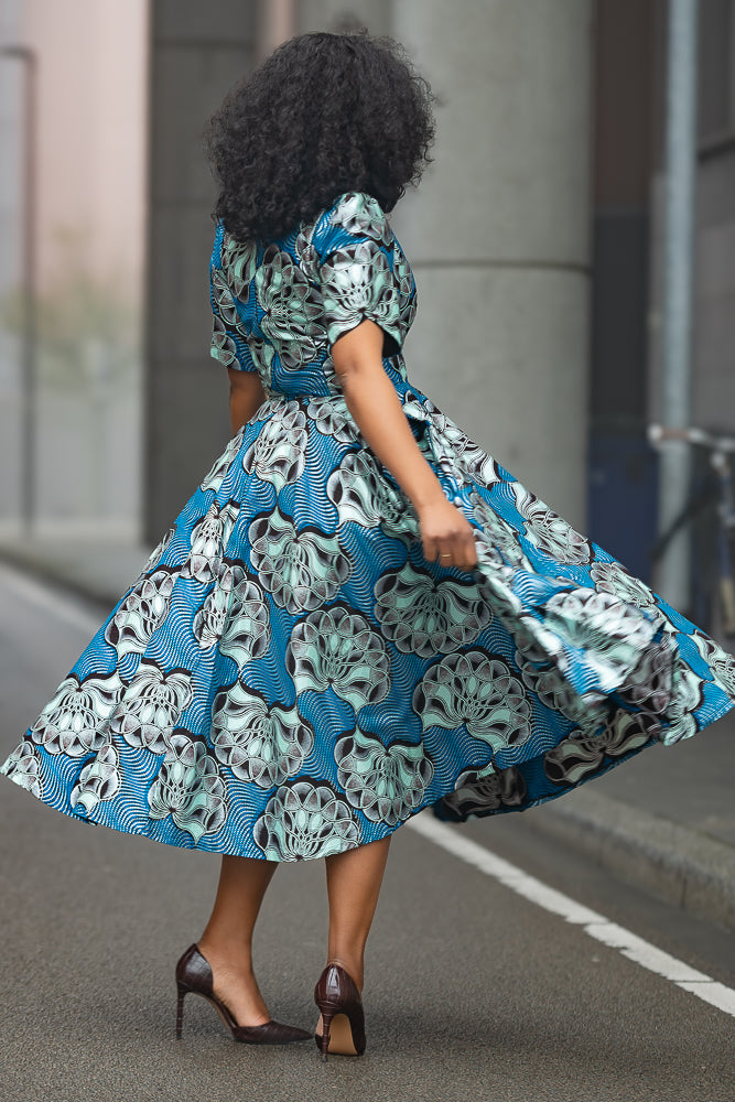 Beverly Blue and Silver Ankara Midi Dress