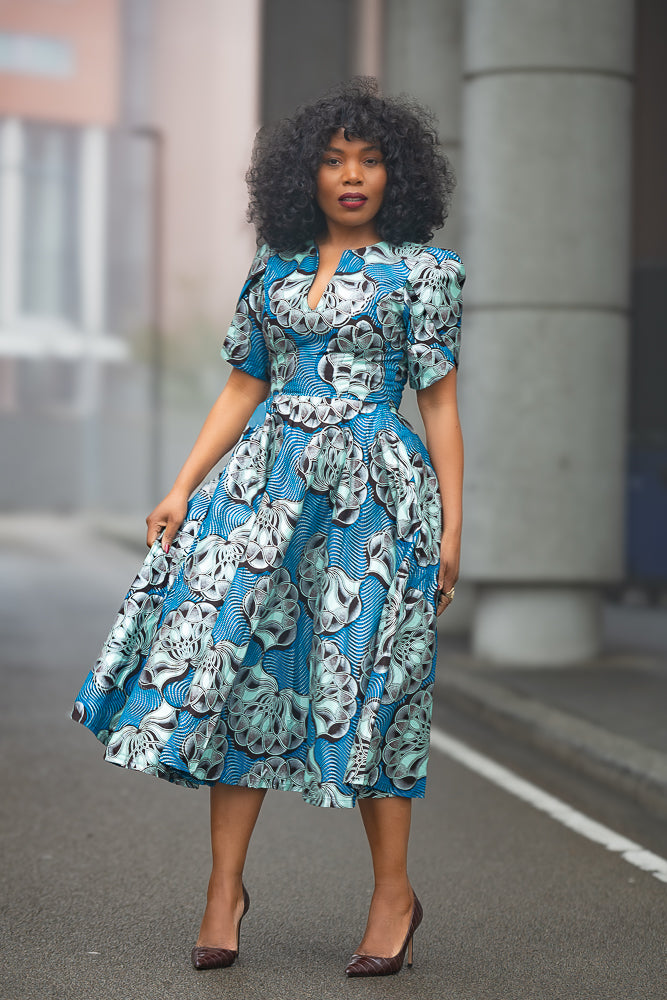 Beverly Blue and Silver Ankara Midi Dress