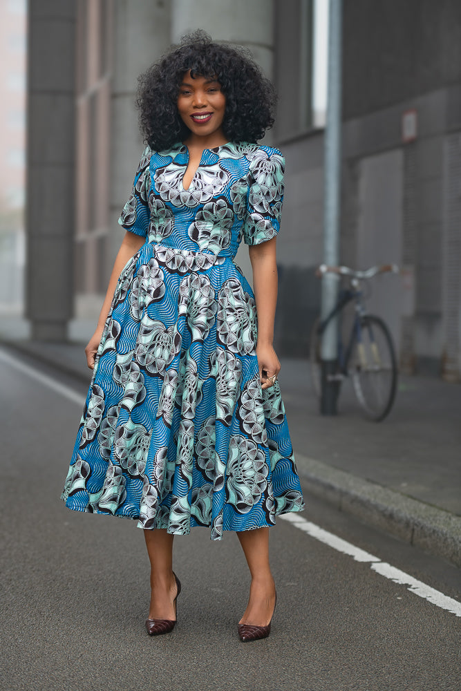 Beverly Blue and Silver Ankara Midi Dress