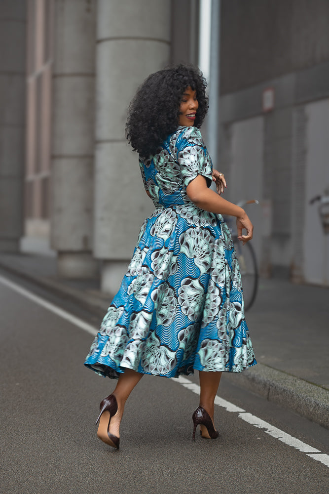Beverly Blue and Silver Ankara Midi Dress