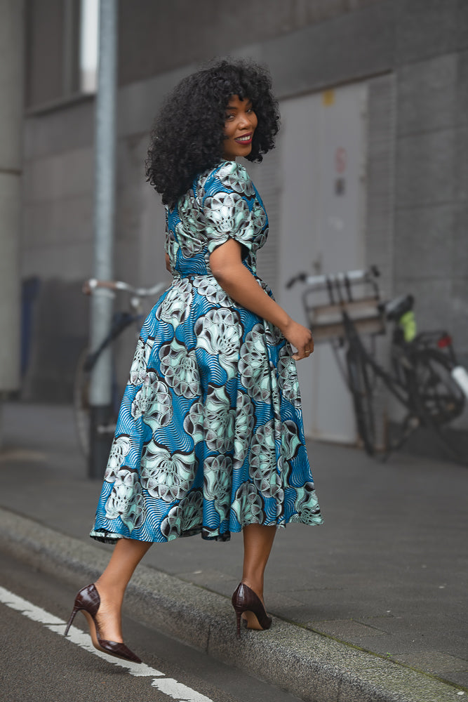 Beverly Blue and Silver Ankara Midi Dress