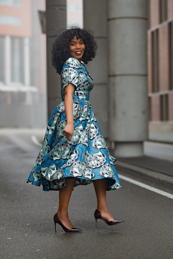 Beverly Blue and Silver Ankara Midi Dress