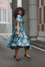 Beverly Blue and Silver Ankara Midi Dress