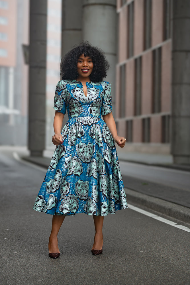 Beverly Blue and Silver Ankara Midi Dress