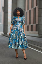 Beverly Blue and Silver Ankara Midi Dress