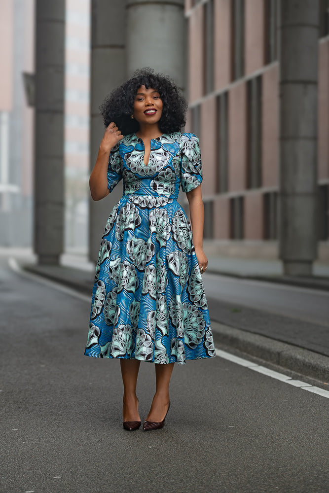 Beverly Blue and Silver Ankara Midi Dress