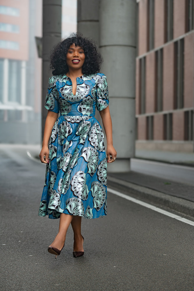 Beverly Blue and Silver Ankara Midi Dress