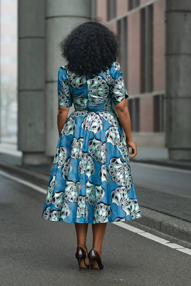 Beverly Blue and Silver Ankara Midi Dress