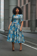 Beverly Blue and Silver Ankara Midi Dress