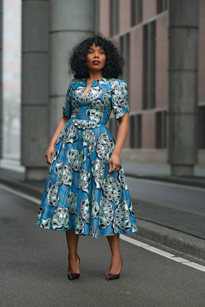 Beverly Blue and Silver Ankara Midi Dress