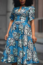 Beverly Blue and Silver Ankara Midi Dress