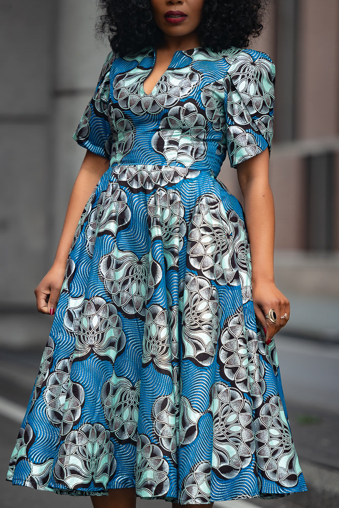 Beverly Blue and Silver Ankara Midi Dress