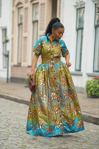AMIA BLUE AND GOLD MAXI DRESS