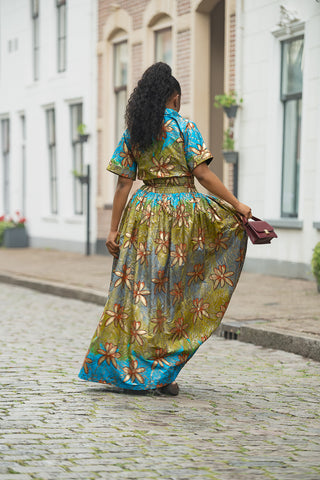 AMIA BLUE AND GOLD MAXI DRESS